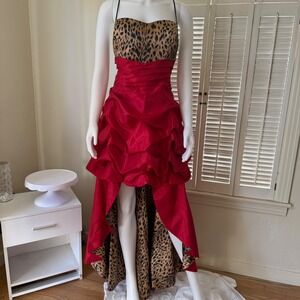 Eureka Red Leopard Print High Low Ruffle Tiered Gown Dress XL Made in USA 1788